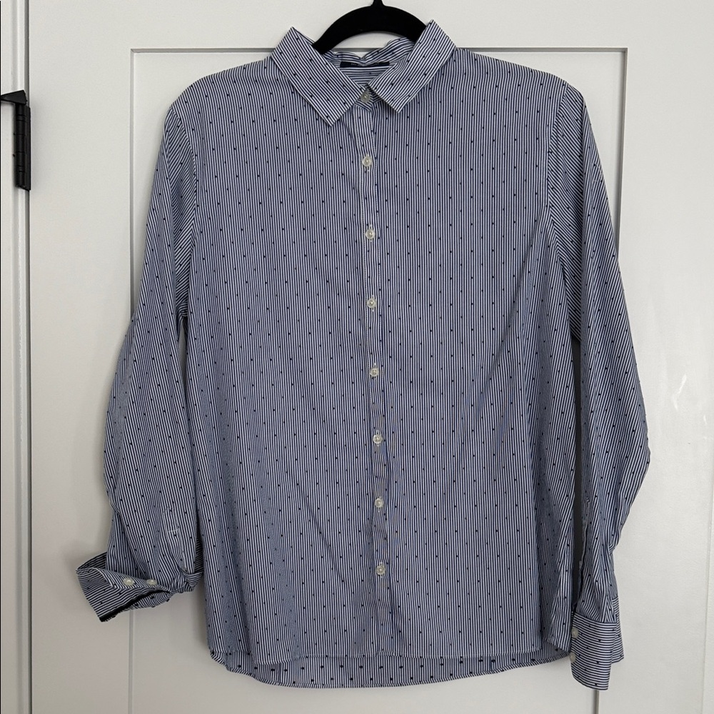 Lands' End Non-Iron Women's Blue Striped Dotted Button Down Shirt
